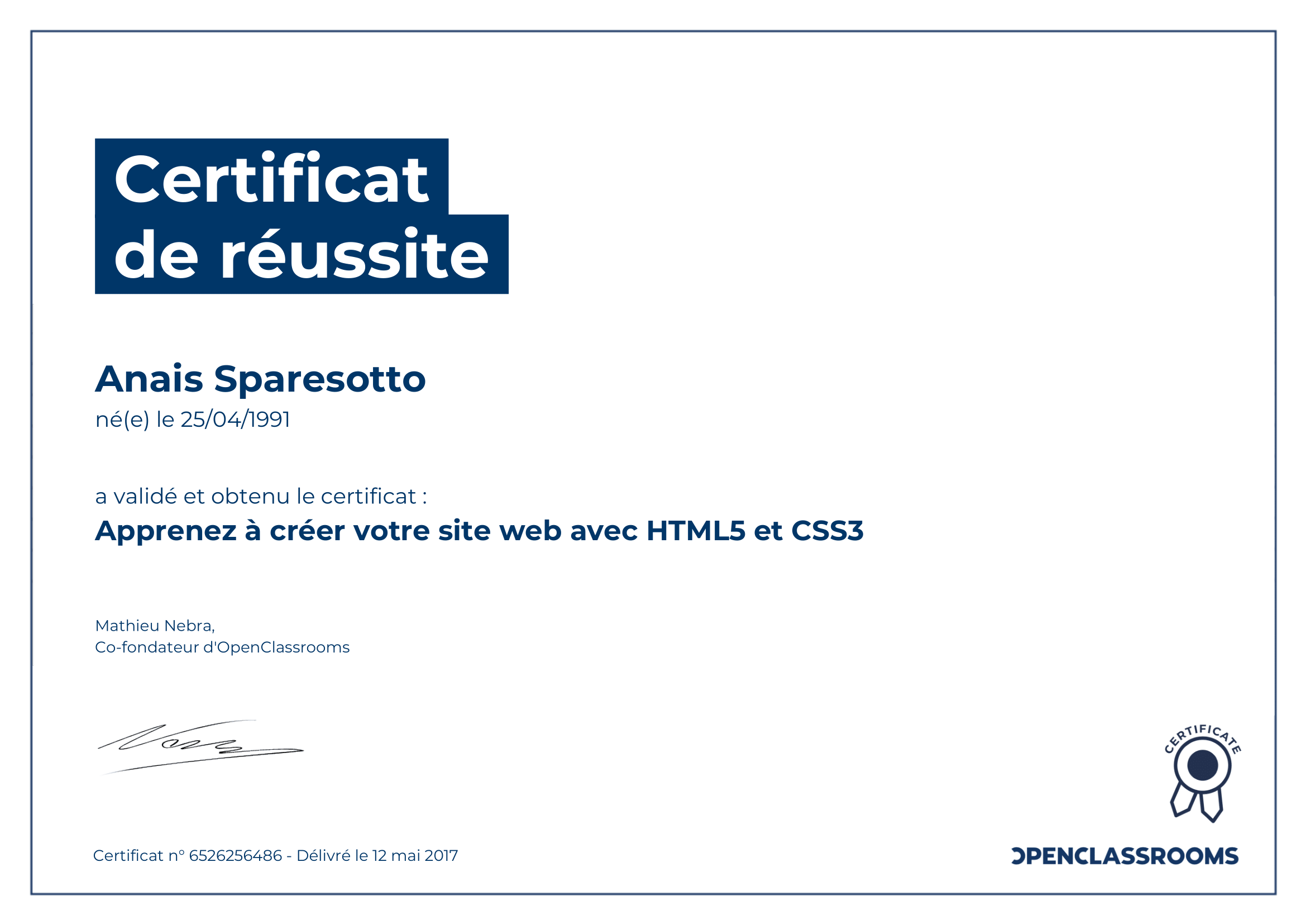 certificat de réussite html5 et css3 sparesotto anais