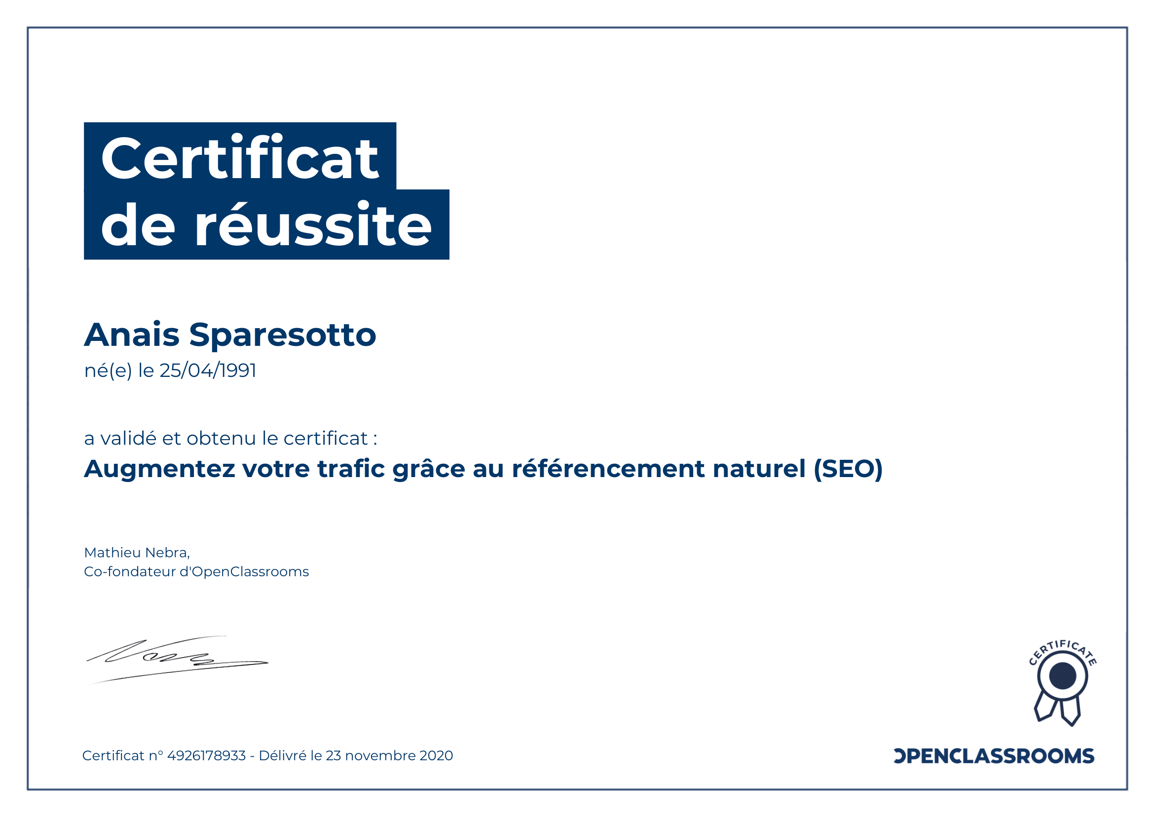 certificat de réussite référencement seo sparesotto anais